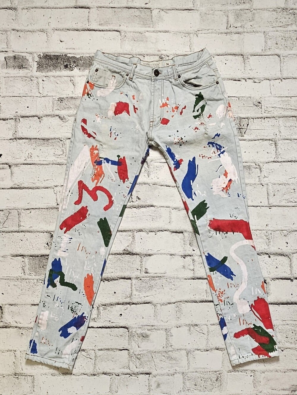 Paint Splatter Graphic Jeans Streetwear Slim Fit Denim Pants 34 - Picture 2 of 9